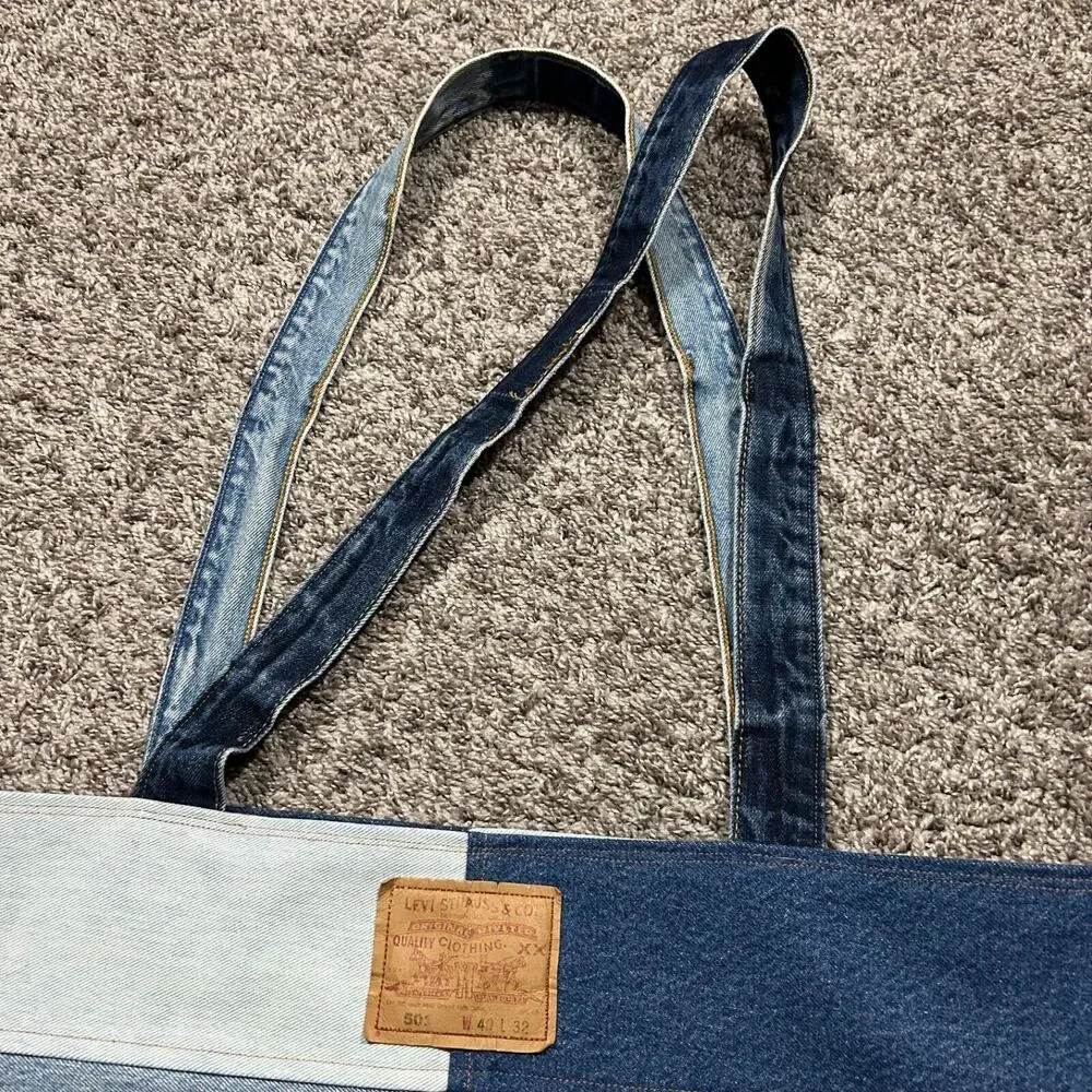 Handmade Patchwork Denim Bag Oversized Tote Shoulder Bag 16x6x14.5 Blue